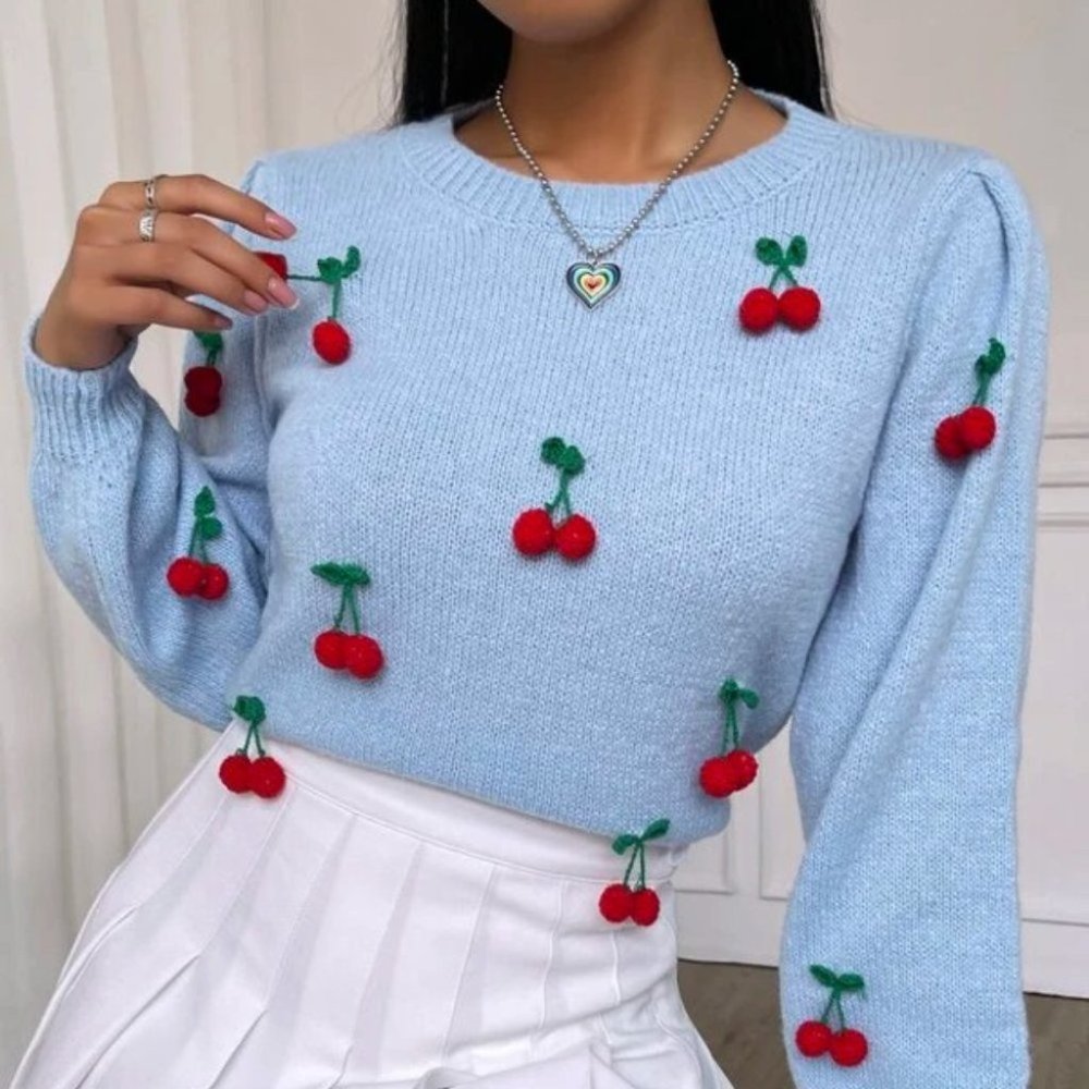 Lantern Sleeve Cherry detailed Knit Sweater Top - Picture 6 of 6